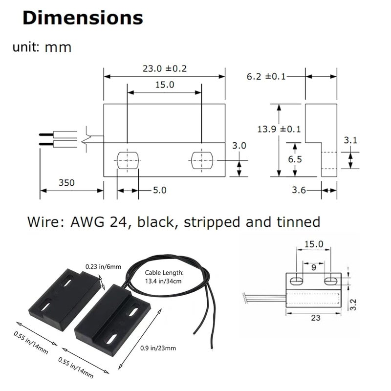 AOAUTO Magnetic Reed Switch,Wired Door Window Contact Sensor,Micro Normally Open NO Alarm Reed Switch,10W 100v 0.5A Magnetic Reed Switch to DC 5V 12V 24V Light(2-Pack) - Image 3